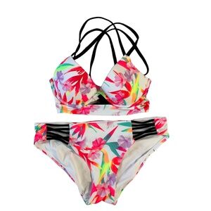 Victoria Secret White Tropical Floral Print Padded Crossed Straps Bikini Set S L